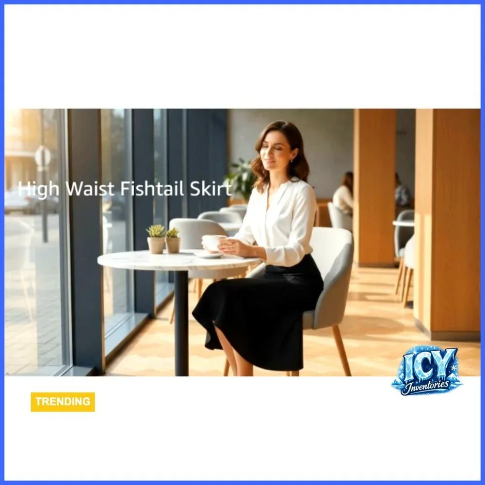High Waisted Fishtail Midi Skirt Panel Hem Business Casual Workwear
